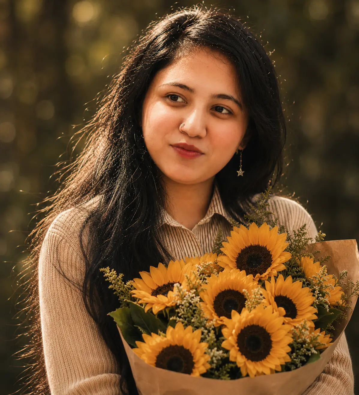 Tajrian holding a bouquet of sunflowers